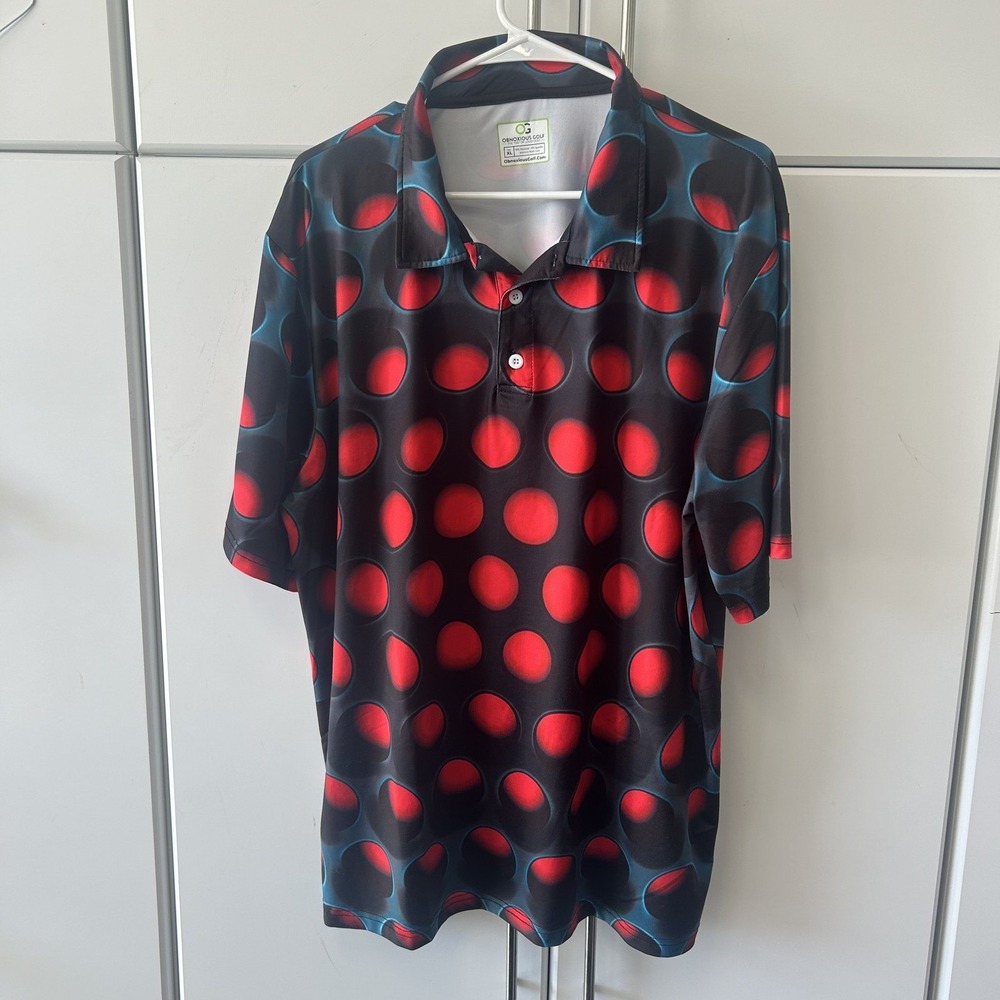 Obnoxious Golf Mens XL Polo Shirt Red Blue 3D Polka Dot Performance Stretch